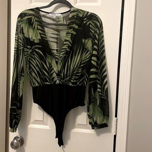 Large long sleeve sheer bodysuit black with green leaves low-cut in the front